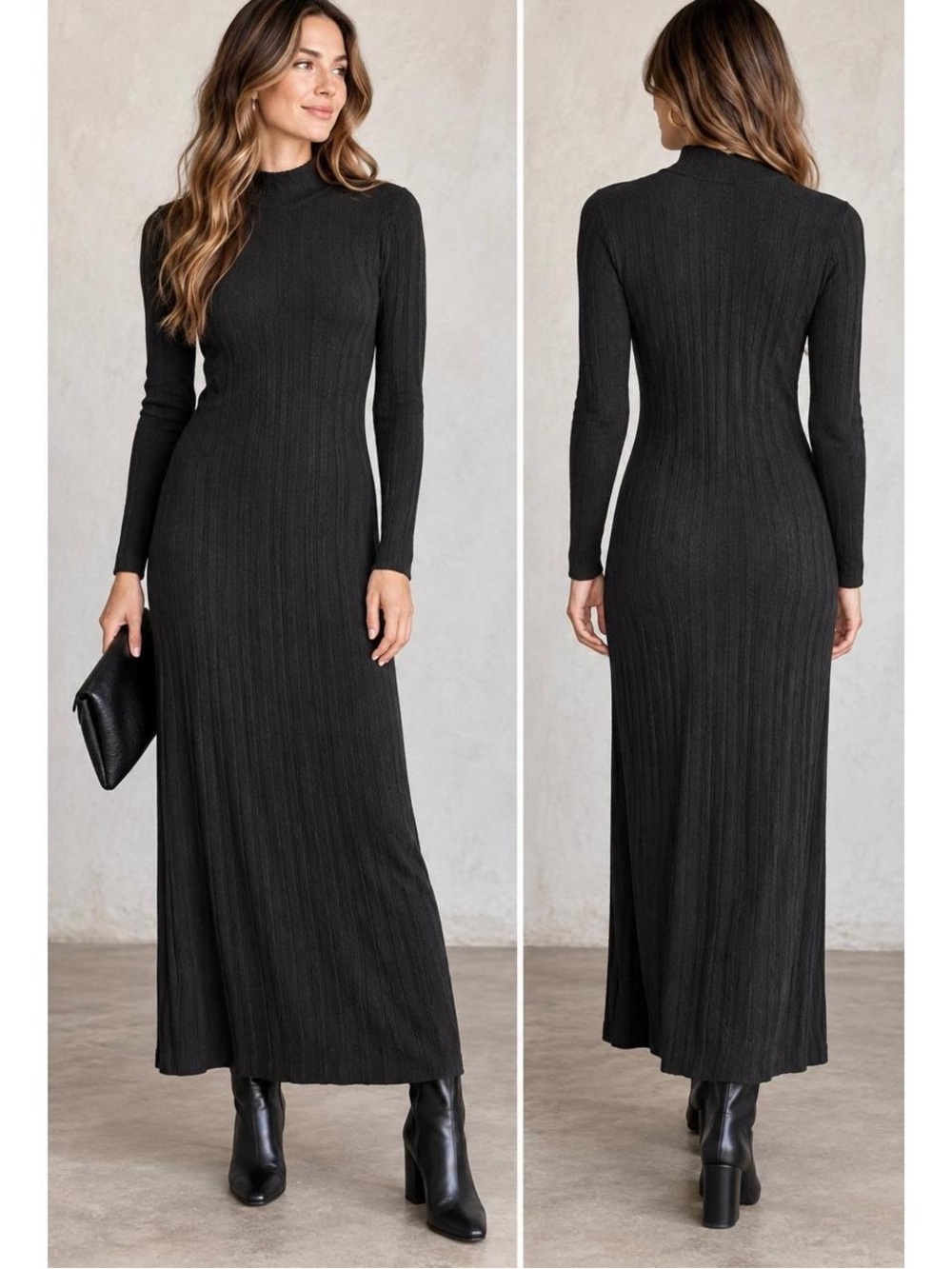 Zara Black Ribbed Long-Sleeve Maxi Dress